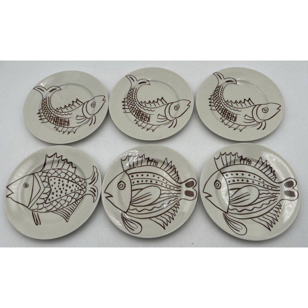 Fitz and Floyd Les Fish Brown Salad Side Plates (6) Vintage Coastal Nautical